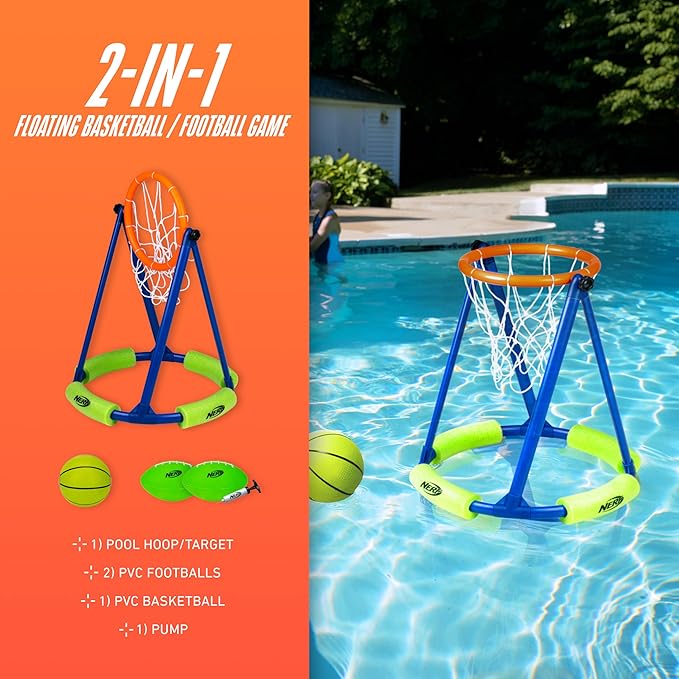 NERF Floating Pool Basketball Hoop + Football Target Net Set - Water Basketball + (2) Water Footballs Included - Floating Hoop + Target Goal for In-Pool + Poolside Play - Sports Toys for Kids