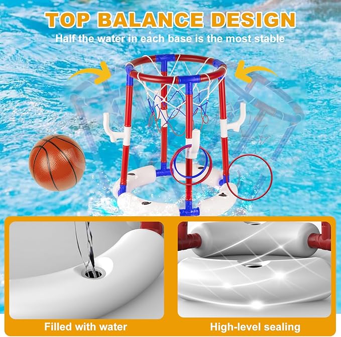 Taotuo Red Floating Pool Basketball Hoop, 2-in-1 Basketball & Ring Toss Game with 4 Balls, 6 Rings&Pump, Summer Pool Toys Outdoor Water Fun Family Party for Age 3-12