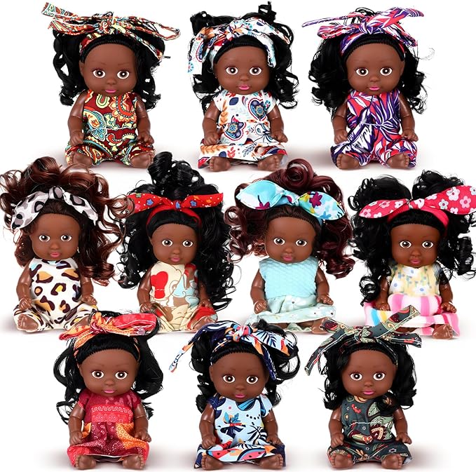 Hanaive 10 Pcs 4 Inch Mini Baby Dolls Lifelike Realistic Tiny Baby Dolls with Animal Clothes Cute Infant Figurine Gifts Set for Toddlers Girls Kids 3+ Easter Graduation Birthday(Dark Skin Style)