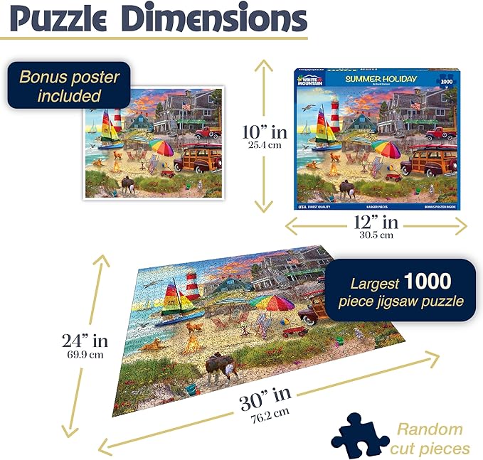 White Mountain 1000 Piece Jigsaw Puzzle Scenic Ocean Lighthouse Puzzles with Large Pieces Gift for Adults and Family 24"x30"- Summer Holiday