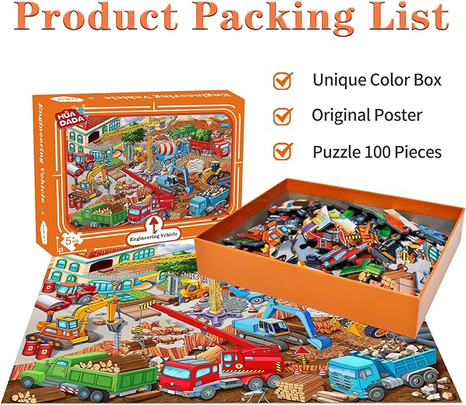 Puzzles for Kids Ages 5-8 6-8 8-10 Year Old - Busy Engineering Vehicle - 100 Pieces Jigsaw Puzzle for Kids 100 Piece Puzzle for Adults Learning Educational Puzzles for Boys Girls