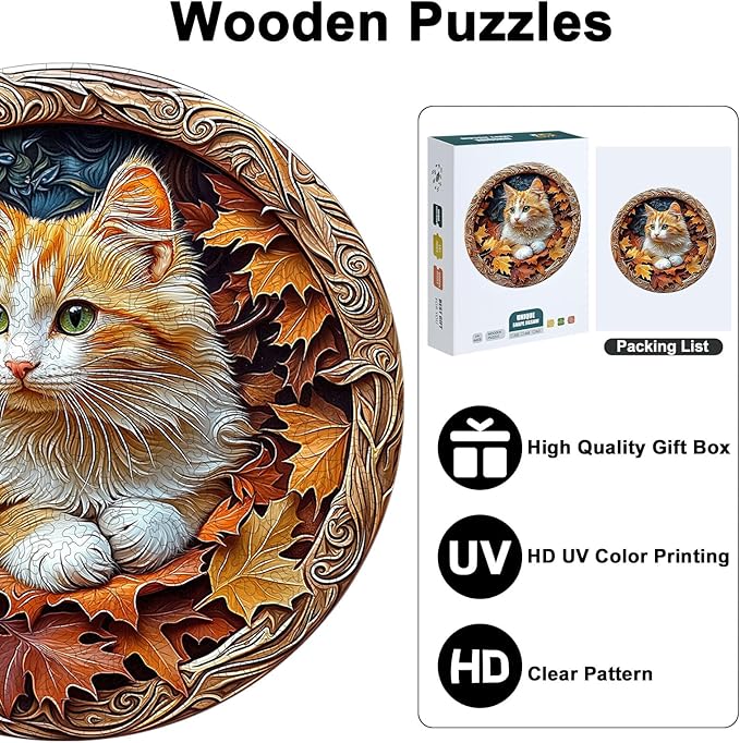 Wooden Puzzles for Adults, 210 Pieces Unique Cat & Autumn Leaf Pattern 3D Ornate Frame Wooden Jigsaw Puzzle, Easter Gift for Mom, for Cat Lovers