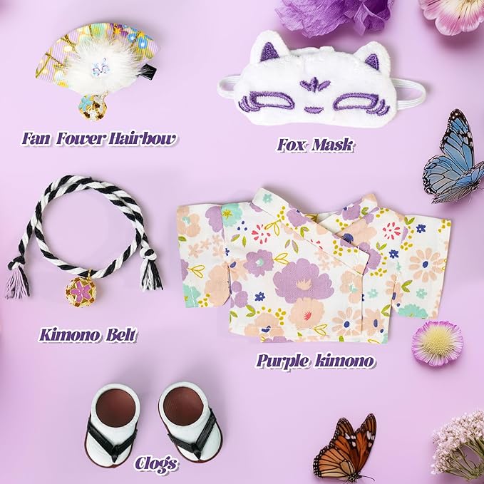 17cm Doll Clothes,Outfit Accessories Kimono Set for 6.7inch Dolls Girl, Kawaii Chic Style Flower Hairbow+Purple Clothing+Cute Mask+Shoes(NO Doll)