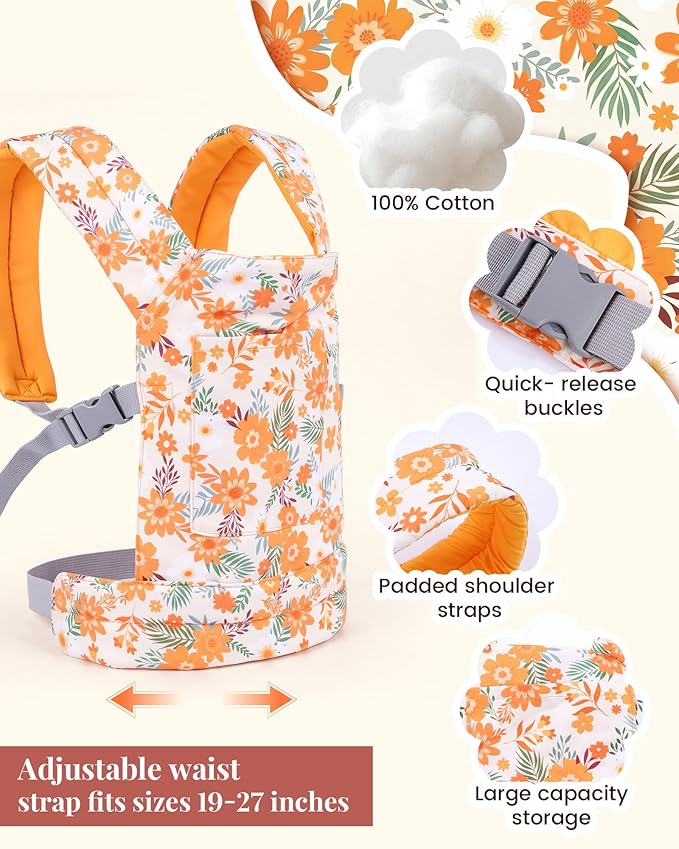 BABESIDE Baby Doll Carrier – Adjustable Straps for 15–22 Inch Dolls, Perfect for Pretend Play & Role Play – Soft Cotton Doll Accessory for Girls Ages 3+（Doll Not Included）