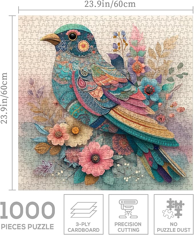 Vintage Flower Bird Puzzle 1000 Pieces for Adults, Colorful Totem Floral Collage Jigsaw Puzzle, Spring Bohemian Animal Art Puzzles