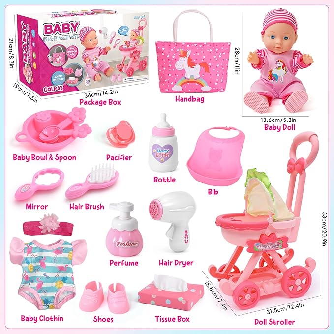 Golray Girl Baby Doll Stroller Toy Set with 12" Baby Doll & 17pcs Baby Doll Accessories Handbag/Clothes/Sunshade/Feeding Nursery Pretend Play Toy Birthday Gift for Toddler Girls 3 4 5 6 7 Years Old