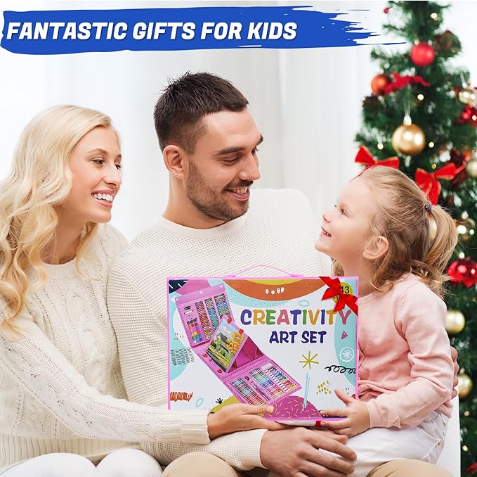 All in One Art Supplies, Art Kit Includes Origami & Paper-Cutting Crafts, Easel, Colored Pencils, Crayons, Drawing Book, Coloring Book, Watercolor Markers and More, Art Set for Kids Girls Boys, Pink