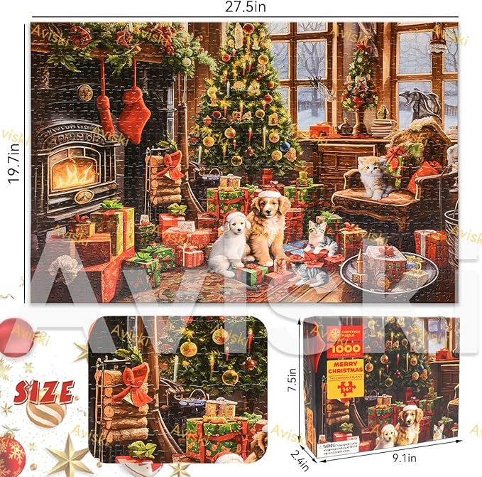 Christmas Jigsaw with 1:1 Reference Poster, 27.5 x 19.7 inches, Holiday Puzzles for Adults and Kids - 1000 Pieces Puzzles, Educational Games Gift for Elders Children Family, Friends (Fireplace)