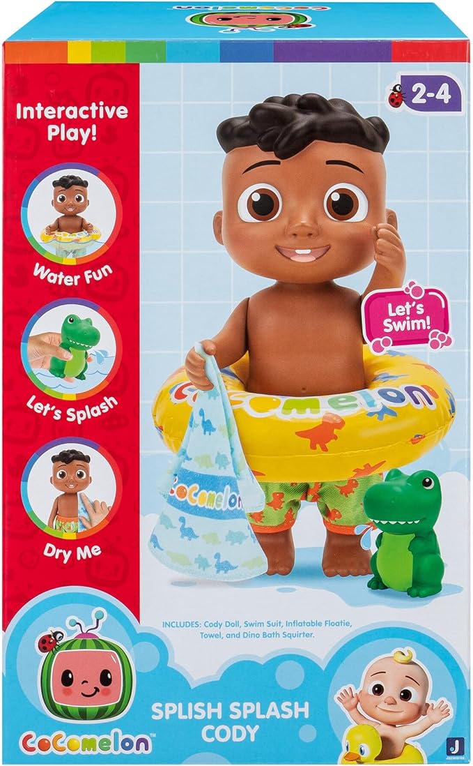 CoComelon - Splish Splash Cody Doll with Dino Bath Squirter and Water Accessories - Water Play - Toys for Kids and Preschoolers - Amazon Exclusive