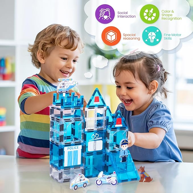 cossy Magnetic Tiles Police Set, Magnet Tiles with Policeman, Magnetic Tiles for Kids Ages 4-8, STEM Toys, Toys for 3 4 5 6 7 8 Year Old Boy and Girl, Creative Building Toys, Police