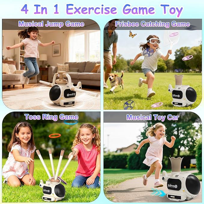 4-in-1 Music Jumping Toy Car,Dual Rotating Poles for Jumping & Dodging,Auto Flying Disc Launcher with Catching Net,Spinning Pole for Ring Toss,Kids outdoor toys,Games for Kids Boys and Girls (White)