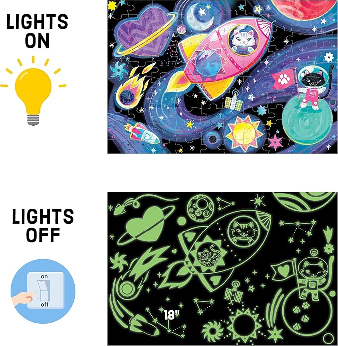 Mudpuppy Cosmic Dreams – 100 Piece Glow in The Dark Jigsaw Puzzle with an Outer Space Scene of Astronaut Cats and Hidden Planetary Details in The Dark