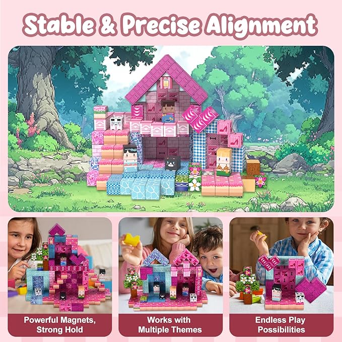 ADAH 216PCS Magnetic Building Blocks for Girls, Pink Princess STEM Toys for Ages 4-8, Creative Educational Building Toys for 3-6 Year Olds, Magic Blocks for Kids