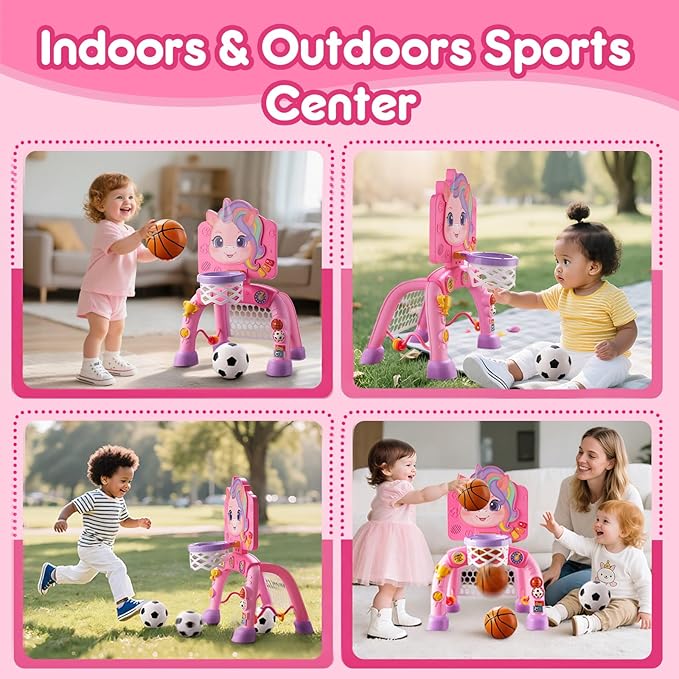 Toddler Basketball Hoop & Soccer Goal Activity Center, Interactive Toys with Light Music,Unicorn Toddlers Musical Toys Gift, Baby Birthday Easter Gifts Gift for 1 2 3 Year Old Boys Girls