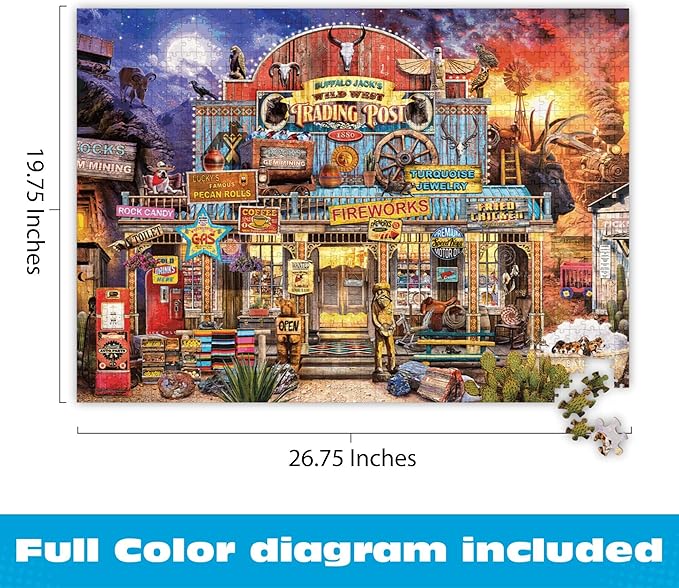 Buffalo Games - 1000 Piece Jigsaw Puzzle Jeff Haynie Wild West Trading Post, Made in USA, Premium Recycled Board, Reference Diagram, Giftable Colorful Art
