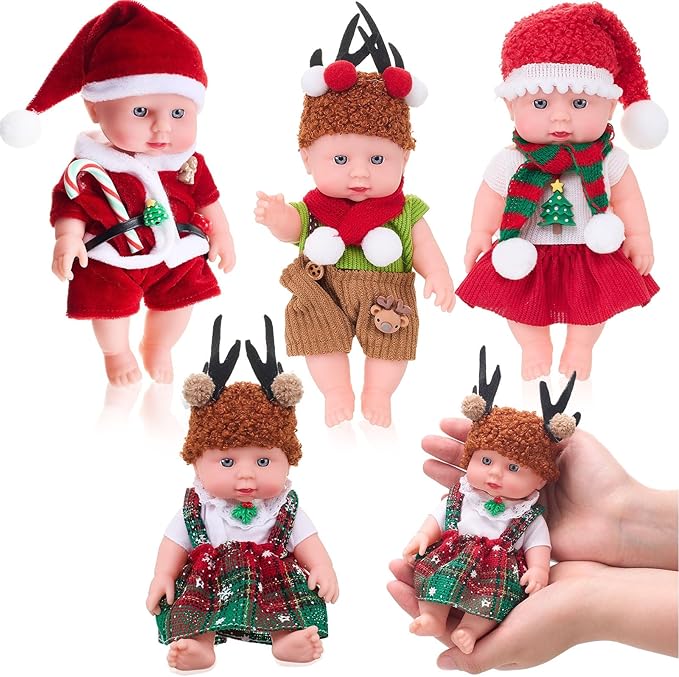 Halloscume 7 Inch Mini Baby Mini Reborn Doll Vinyl Full Body Lifelike Dolls Baby with Weighted Cloth Reborn Gift Set for Kids, Gifts for Christmas Kids(4 Pcs,Christmas)