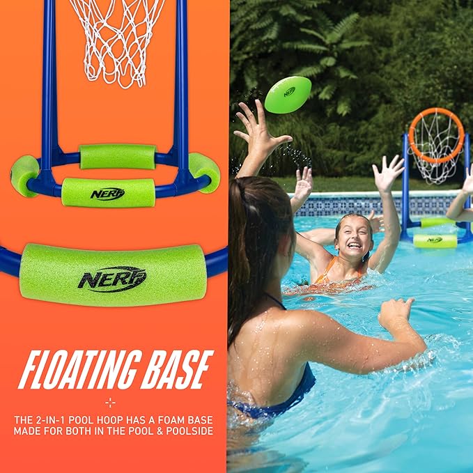 NERF Floating Pool Basketball Hoop + Football Target Net Set - Water Basketball + (2) Water Footballs Included - Floating Hoop + Target Goal for In-Pool + Poolside Play - Sports Toys for Kids