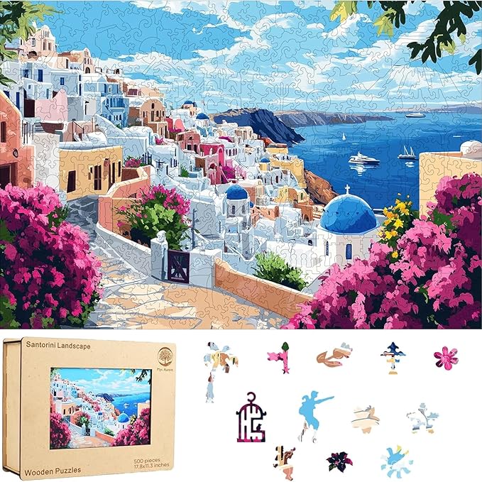 Mys Aurora 500 Pieces Puzzles for Adults, Santorini Wooden Puzzles, Unique Shaped Jigsaw Puzzle Birthday Scenery Gift Challenging Family Game for Kids and Adults 17.8 * 11.3 inch