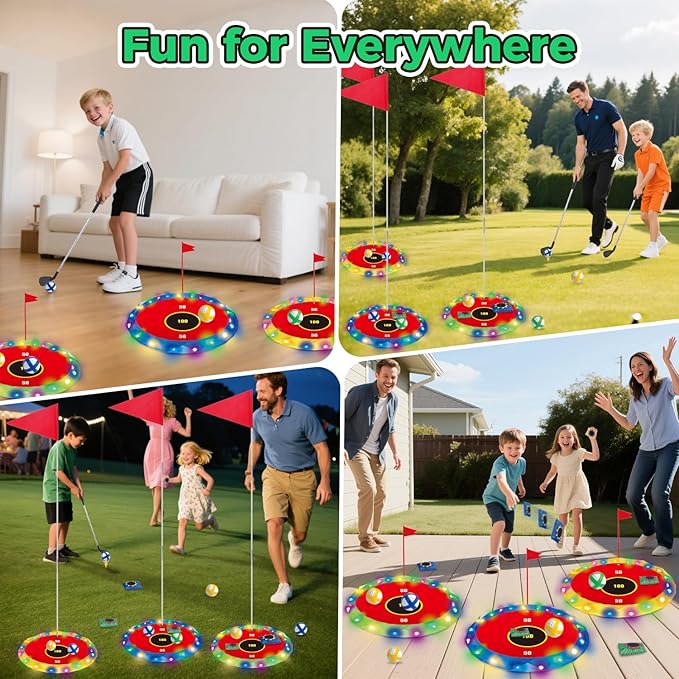 VATOS 2-in-1 Light up Golf for Kids- Golf Chipping Game & Bean Bag Toss with 6 LED Targets, 2 Clubs, 18 Balls, Night Golfs Play for Indoor Outdoor Party Yard Golfer Gifts Sports Toys for Kids 5-12