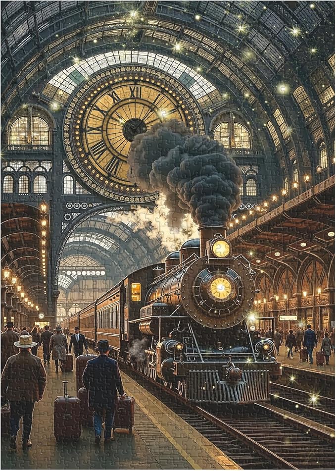 Vintage Train Puzzles for Adults 1000 Pieces, Steam Train Station Art Jigsaw Puzzle, Classic Railway Scenery Puzzles as Home Wall Art