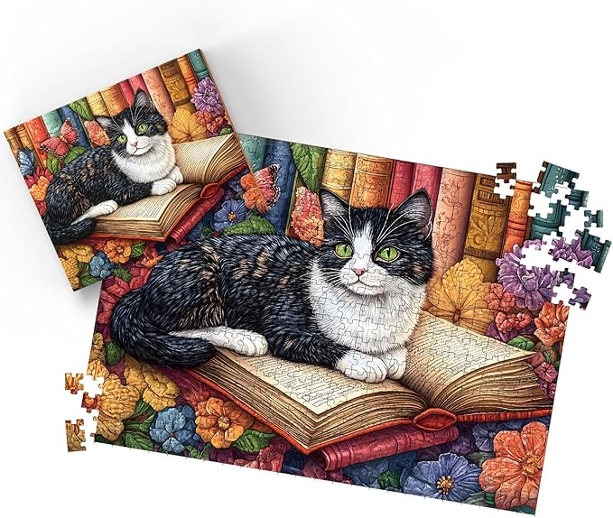 Puzzles for Adults 500 Pieces, Cat Jigsaw Puzzles - Blooming Book Cat, Impossible Book Art Puzzles for Seniors Family, 20.47x14.96 inches, 1:1 Poster, Letter on The Back