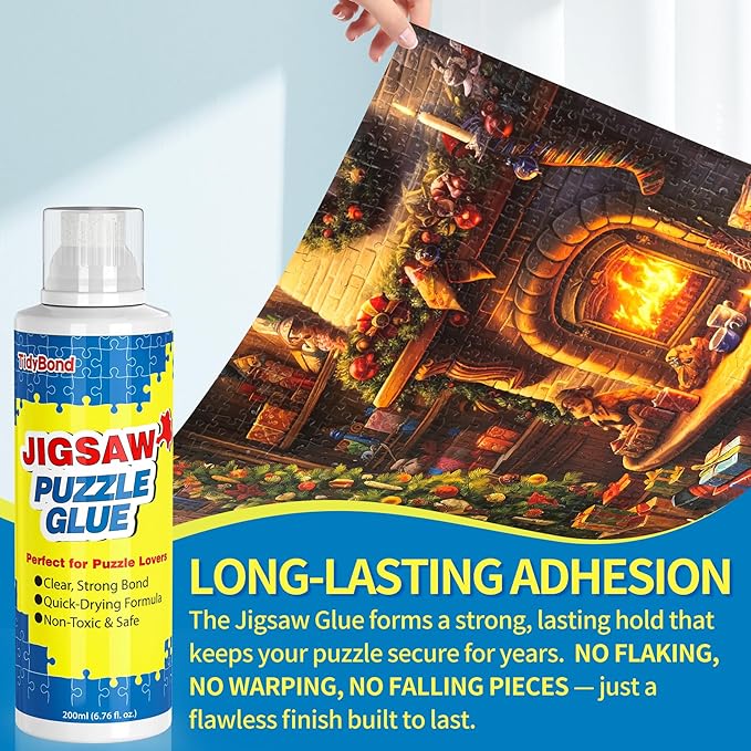 Jigsaw Puzzle Glue with Sponge Tip & Squeegee – Clear, Fast-Drying Puzzle Sealer for 1000/3000/5000 Piece Puzzles – Non-Toxic Adhesive for Paper & Wooden Jigsaw Puzzles – 200ml