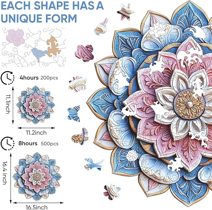 Reouinty Wooden Puzzle for Adults, Mandala Wood Puzzles 200 Piece, Jigsaw Puzzles Home Decor, Natural Puzzle Unique Shape Adult Puzzles, Puzzle Creative Gift for Adults 11.2 x11.2 in