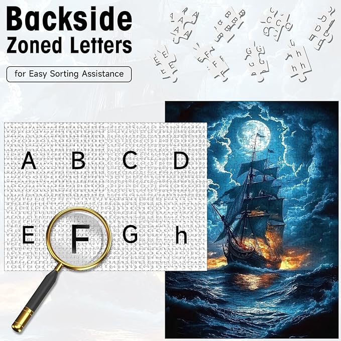 500 Piece Puzzles for Adults, Pirate Ship Night Sea Jigsaw Puzzle Full Moon Stormy Ocean Scene, Cardboard Puzzle with Letters on Back for Game Nights & Home Decor, 15×20 Inch