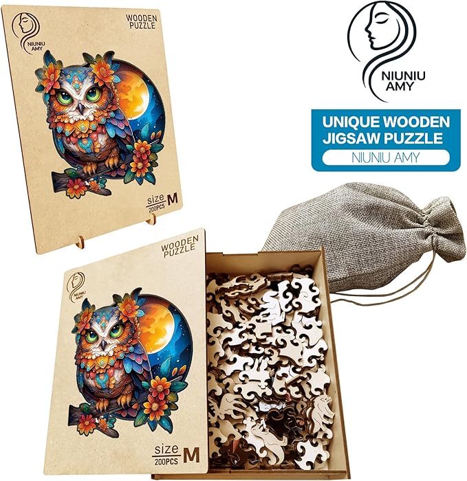 Wooden Puzzles for Adults Owl Jigsaw Puzzles 200 Piece,Thanksgiving Birthday Gifts Family Game,Unique Shape Puzzle Challenge 11 x 11 Inch