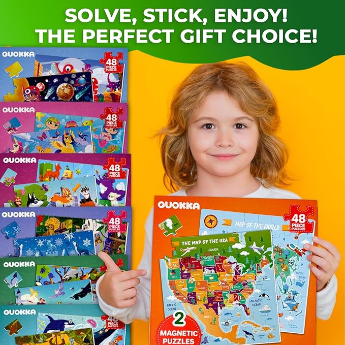 QUOKKA Magnetic Puzzles for Toddlers 3-5 – 2x48 Pieces Travel Games – USA & World Map Learning Magnetic Puzzles for Kids Ages 4-8 – Educational United States Puzzle Gift Toy for Boys and Girls
