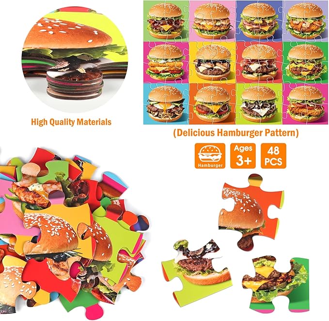 Jumbo Floor Puzzle for Kids,48 Piece Hamburger Jigsaw Puzzles,Learning Educational Foods Toys for Toddlers Ages 3-5,Colorful Design Children Gift for Boy Girl Ages 4-8