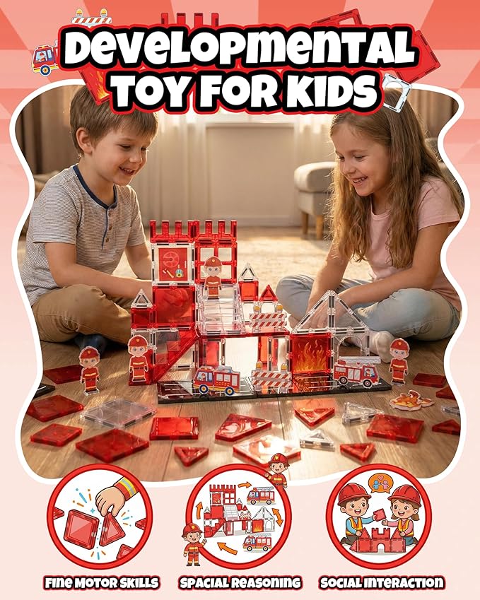 Magnetic Tiles for Kids Ages 3+, Fire Rescue Magnetic Tiles Building Blocks with Rescue Scene Pieces, Firefighter Elements & Accessories, STEM Toys for Toddlers, Ideal Gift for Boys and Girls