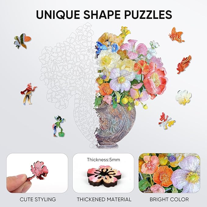 Delobil Flower Wooden Puzzles for Adults, 200 Pieces Vase Jigsaw Puzzles, Unique Shaped Medium Size Wood Puzzle Birthday Gifts for Mom Adults and Kids, Family Game 11'' x 11.3''