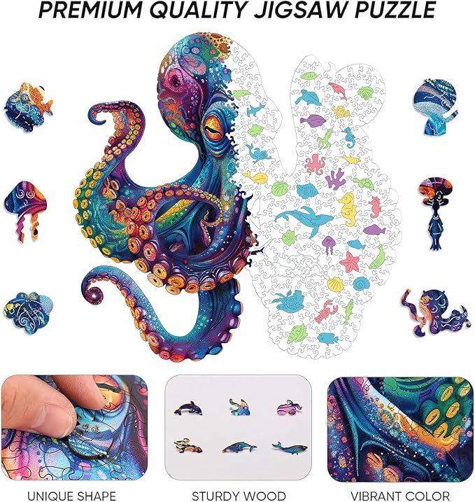 Qiuenisray 500 Piece Puzzles for Adults, Wooden Octopus Jigsaw Puzzles, FSC Certified Cool Puzzles, Unique Shape Ocean Puzzle Piece, Wall Decor, Wood Puzzles Creative Gift for Family Game 16.9x16.9 in