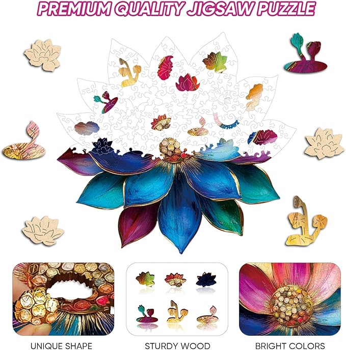 Wooden Puzzles for Adults, Lotus Flower Jigsaw Puzzles 5MM, 200 Pieces Unique Shape Puzzles with Box, Have Challenging Gifts for Adults and Kids, Puzzles for Women Birthday Family Game 12.3x11.4in