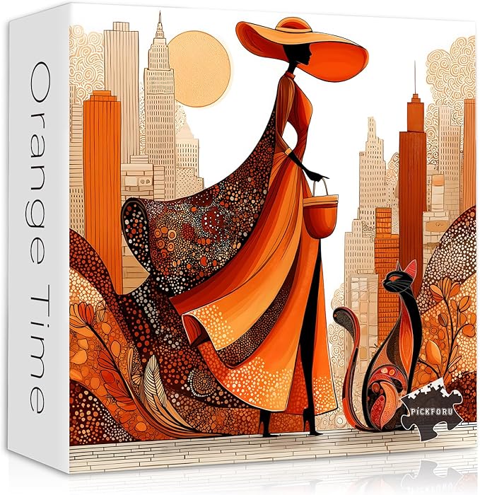 Impossible Puzzle for Adults 1000 Pieces, PICKFORU Orange Time Jigsaw Puzzle Beauty Women Aesthetic Art, Cat Elegant Lady Challenge Puzzle