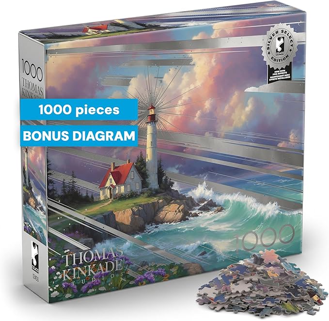 Buffalo Games – Thomas Kinkade Windswept Cove 1000-Piece Jigsaw Puzzle for Adults, Silver Select Coastal Scene with Foil Accents