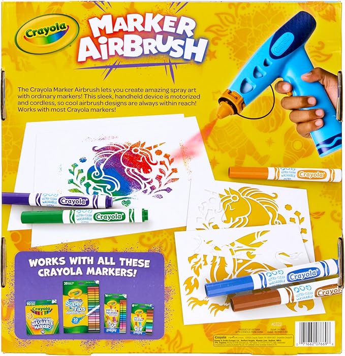 Crayola Marker Airbrush Spray Art Kit, Essential Easter Basket Stuffer for Kids, Battery-Powered Sprayer with 8 Washable Markers & 5 Stencils, DIY Craft Set, Ages 6+