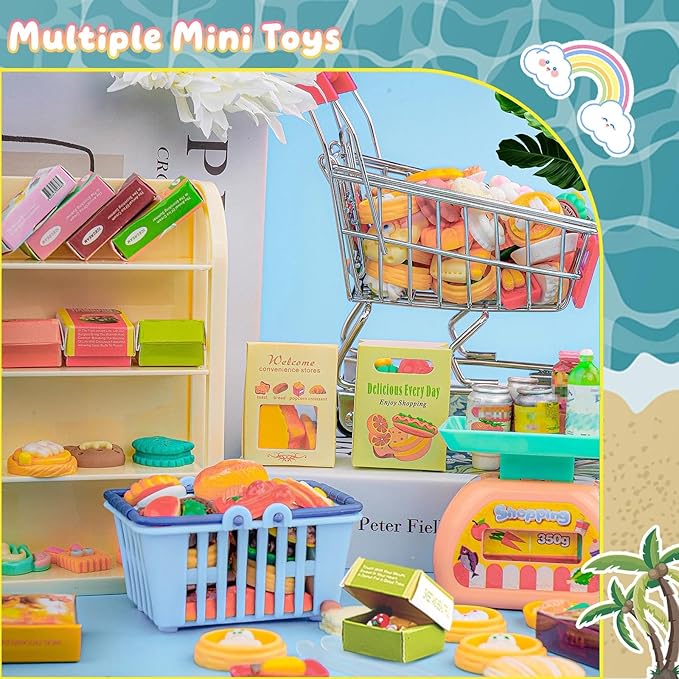 196Pcs Mini Shopping Cart Basket Trolley Grocery Game Model Miniature Drink Bottle Food Pizza with Box Supermarket Metal Handcart Toy Doll House Store Cosplay Pretend Kitchen Shelf Cash Register