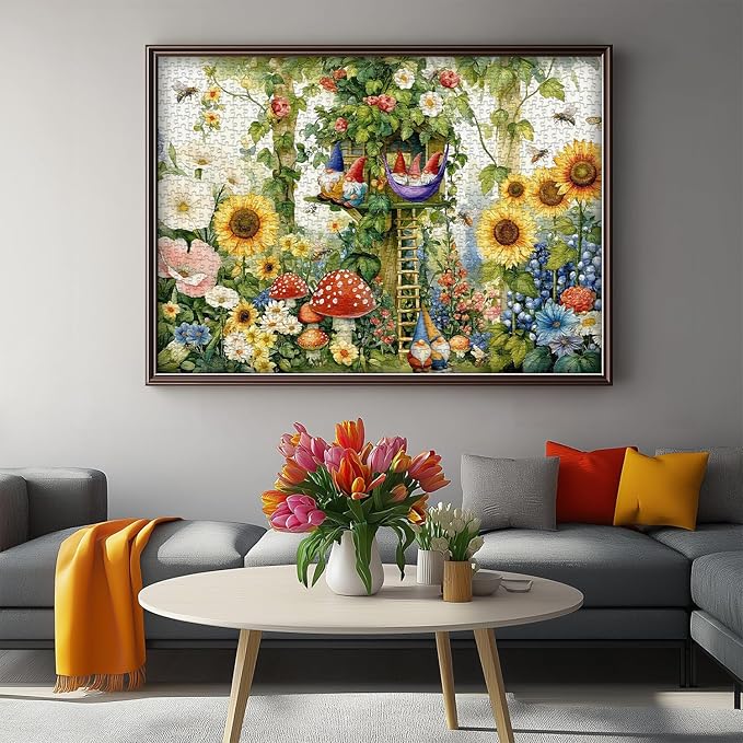Garden Gnomes Puzzles for Adults 1000 Pieces, Sunflower Plant Bee Themed Jigsaw Puzzles, Nature Treehouse Puzzle with Flower, Funny Gnomes Floral Mushroom Wall Art
