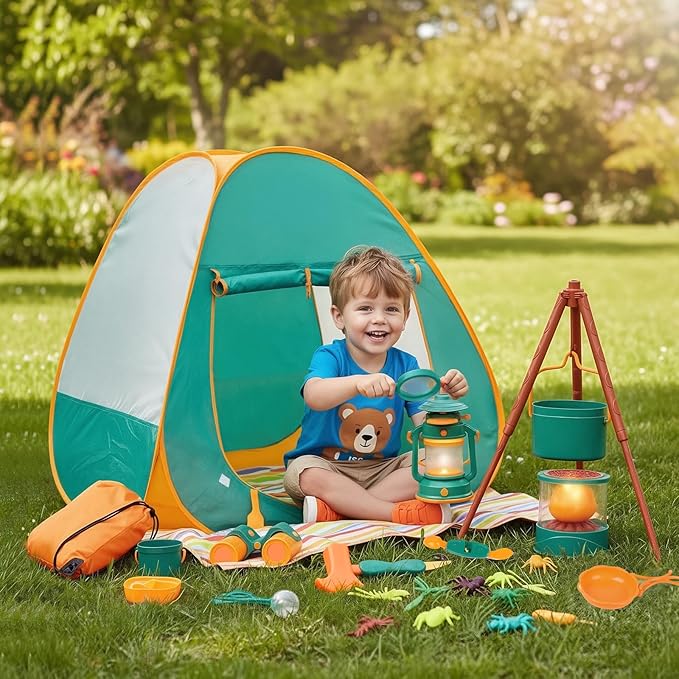 Meland Kids Camping Set with Tent - Toddler Toys for Boys with Campfire, Camping Toys for Kids Indoor Outdoor Pretend Play, Gift Idea for Boys Age 3,4,5,6 Year Old Birthday Christmas (Green)