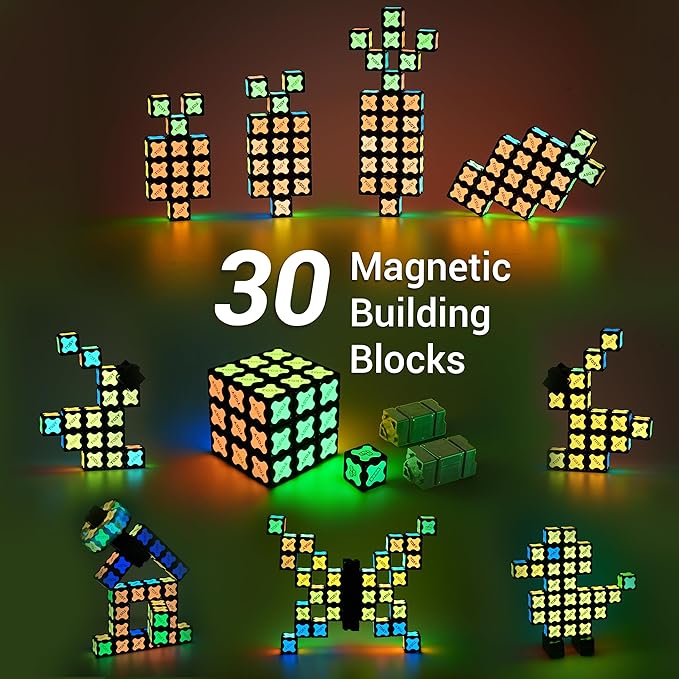 TOSY Magnet Cube 3x3 - 30 Blocks, 240 Magnets, Easter Basket Stuffers for Kids, Multipurpose: Creative Building Blocks, Transformable Fidget Spinner, Puzzle/Infinity Cube, Glowing STEM Toy