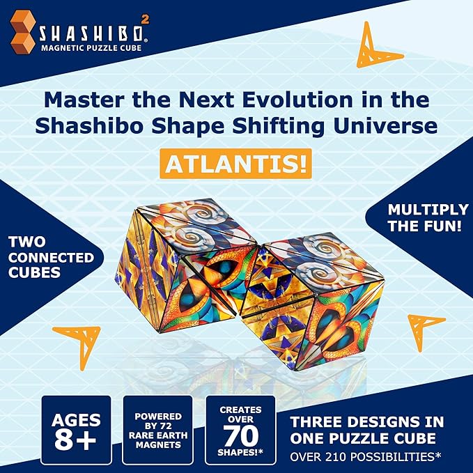 Shashibo Squared Shape Shifting Box - STEM Fidget Toy with Ultra Strong Magnets - Sensory Puzzle Cube Transforms Into 100+ Shapes, Easter Basket Stuffers Gift for Kids, Teens, and Adults (Atlantis)