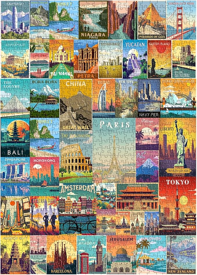 Vintage World Travel Puzzles for Adults 1000 Piece, Colosseum Eiffel Tower Landscape Poster Puzzle Landmarks, Scenic Jigsaw Puzzles for Adults Paris Italy Scenery