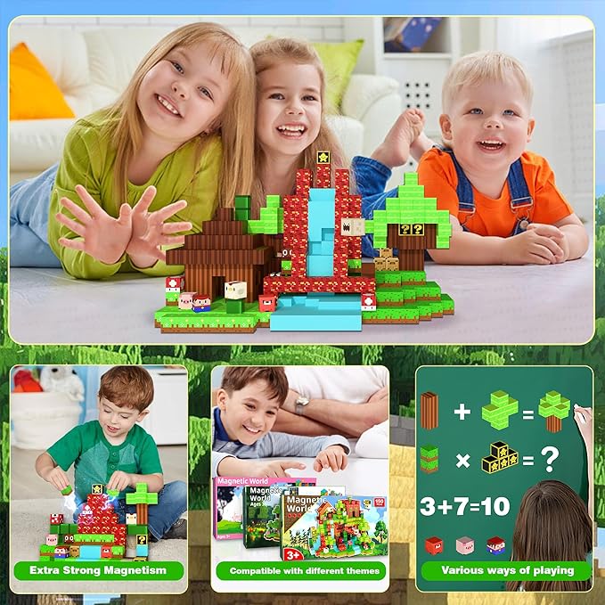 Magnetic Building Blocks Sandbox World Set, 150PCS Pixel Magnet Tiles with Characters & Waterfall Scene, STEM Educational Construction Toys for Kids 3+, Creative Birthday Gift for Boys & Girls
