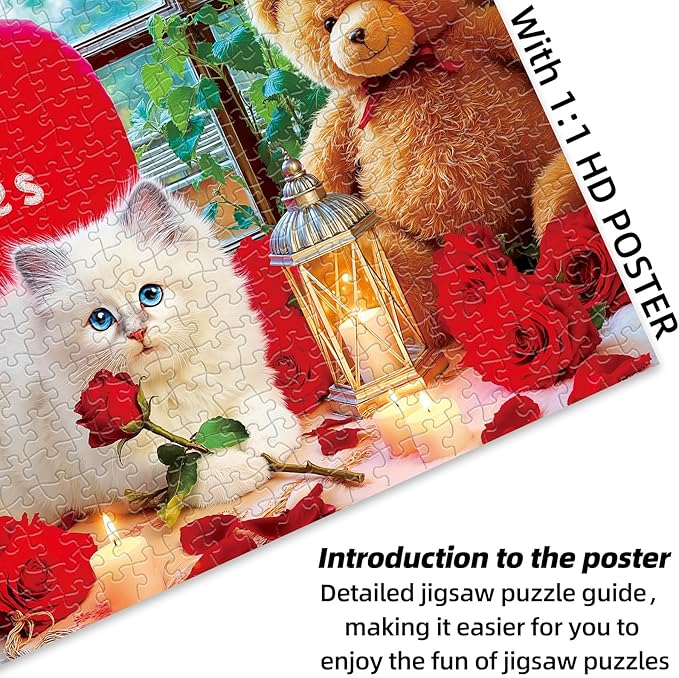 Sutinban Valentine 500 Piece Puzzle for Adults, White Cat Red Rose Bear Colorful Jigsaw Puzzle, Romantic Candlelight Greaty Family Game Sweet Heart Night Valentine Gifts for Man Woman Decor