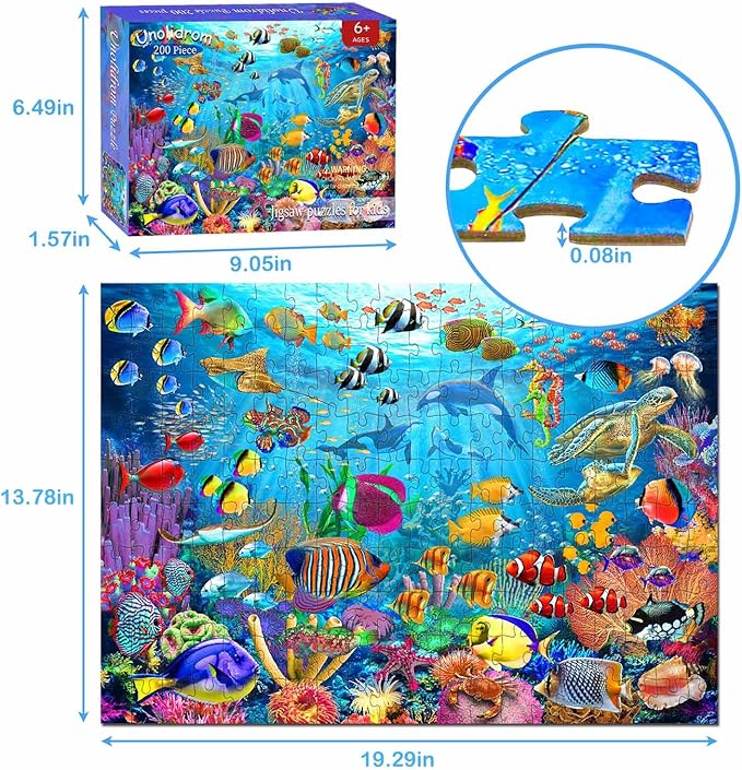 Puzzles for Kids Ages 6-8 8-10 Year Old - Ocean Underwater World, 200 Pieces Jigsaw Puzzles for Kids, Learning Educational Toys for Boys and Girls