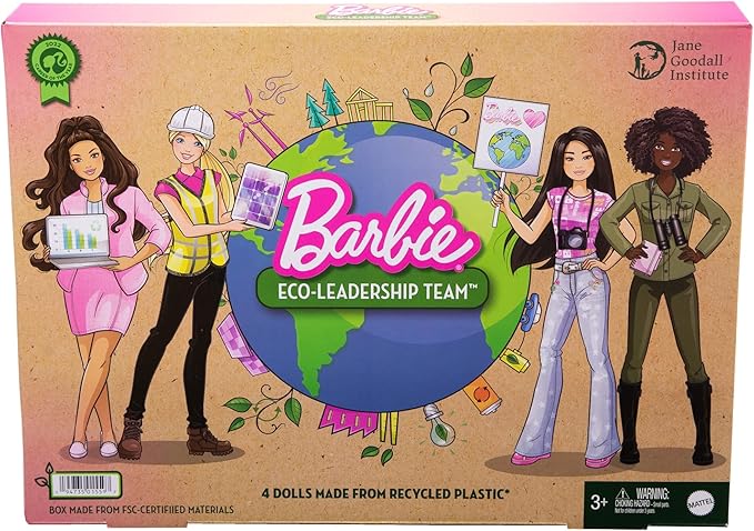 Barbie Eco-Leadership Team 4 Doll Set, Recycled Plastic (Except Head & Hair), Recycled Clothes Fabric, Accessories, Great Gift for Ages 3 Years Old & Up