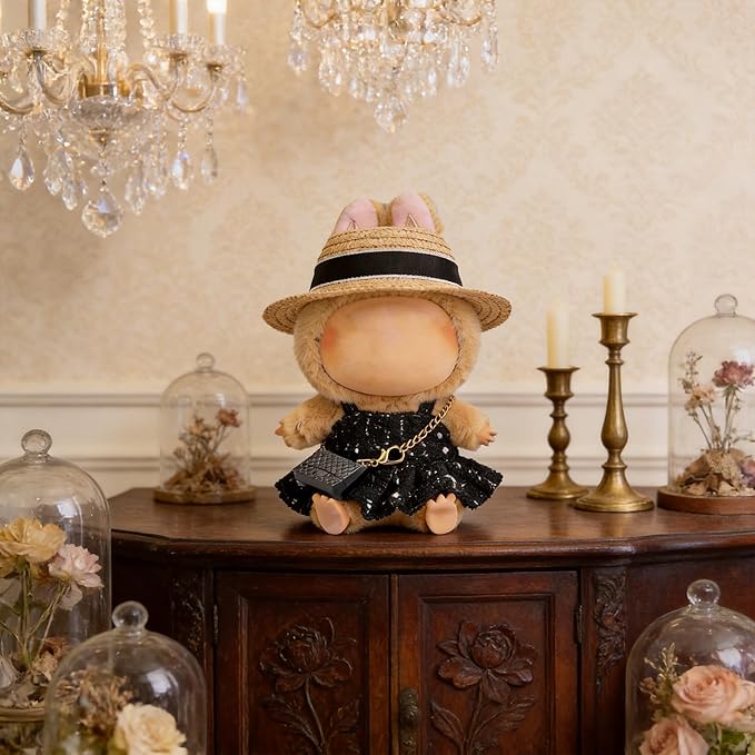 17cm Doll Clothes- Luxury Chic Style Set High-End Fashion Accessories - Premium Handmade Clothes 3 Piece Set Hat & Black Bag & Dress Adjustable Outfit (No Doll) - Pure Black - No Logo