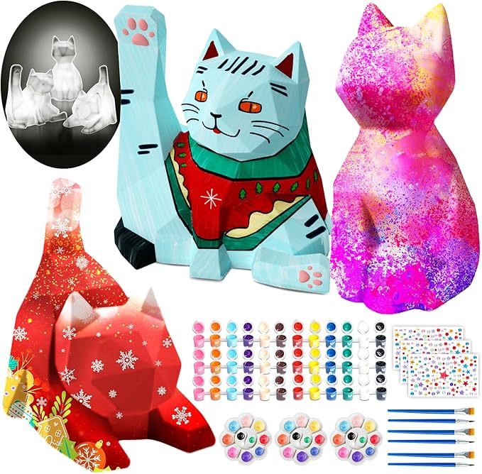 Goody King Paint Your Own Cat Lamp Kit, 3PCS DIY Cat Night Light, Easter Basket Stuffers, Arts & Crafts for Kids Ages 8-12, Painting Kit for Kids, Easter Birthday Gifts for Kids Ages 3+